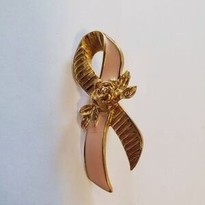 Vintage Avon Pin Brooch Pink Ribbon Rose Breast Cancer Awareness EnamelGold Tone